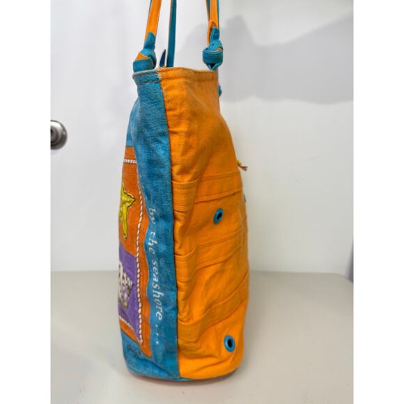 Anne Ormsby Surviving Stress Tote Washed Canvas Embroidered Shells Wood - Picture 5 of 16